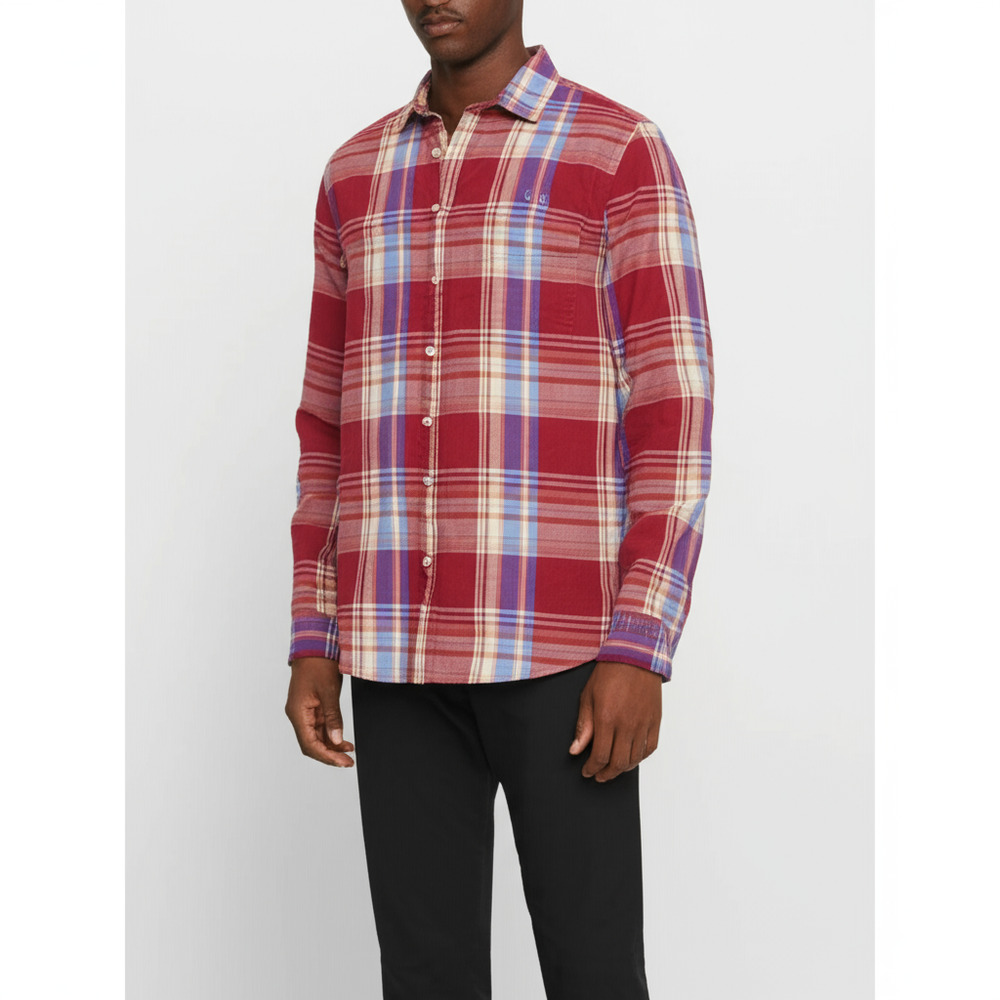 Old Navy Mens Red Blue Plaid Flannel Shirt‎ Size L Long Sleeve Rustic Casual